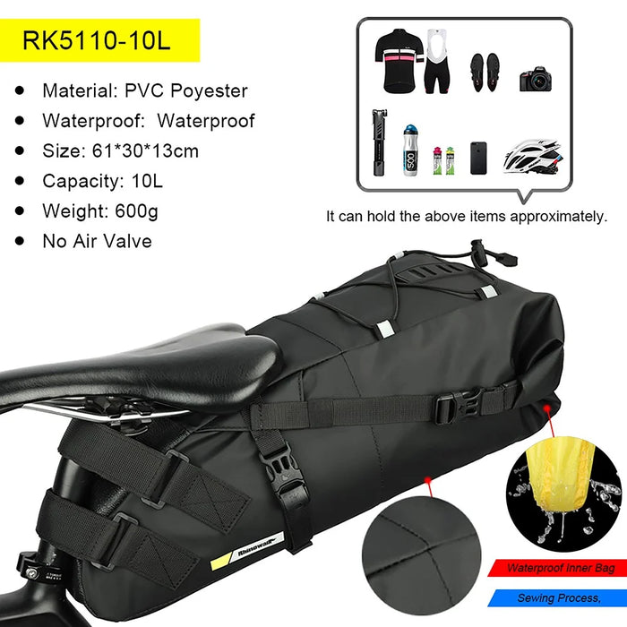 RHINOWALK RK5110 10L Bike Rear Saddle Bag PVC Polyester Waterproof Bicycle Tail Storage Bag - 4