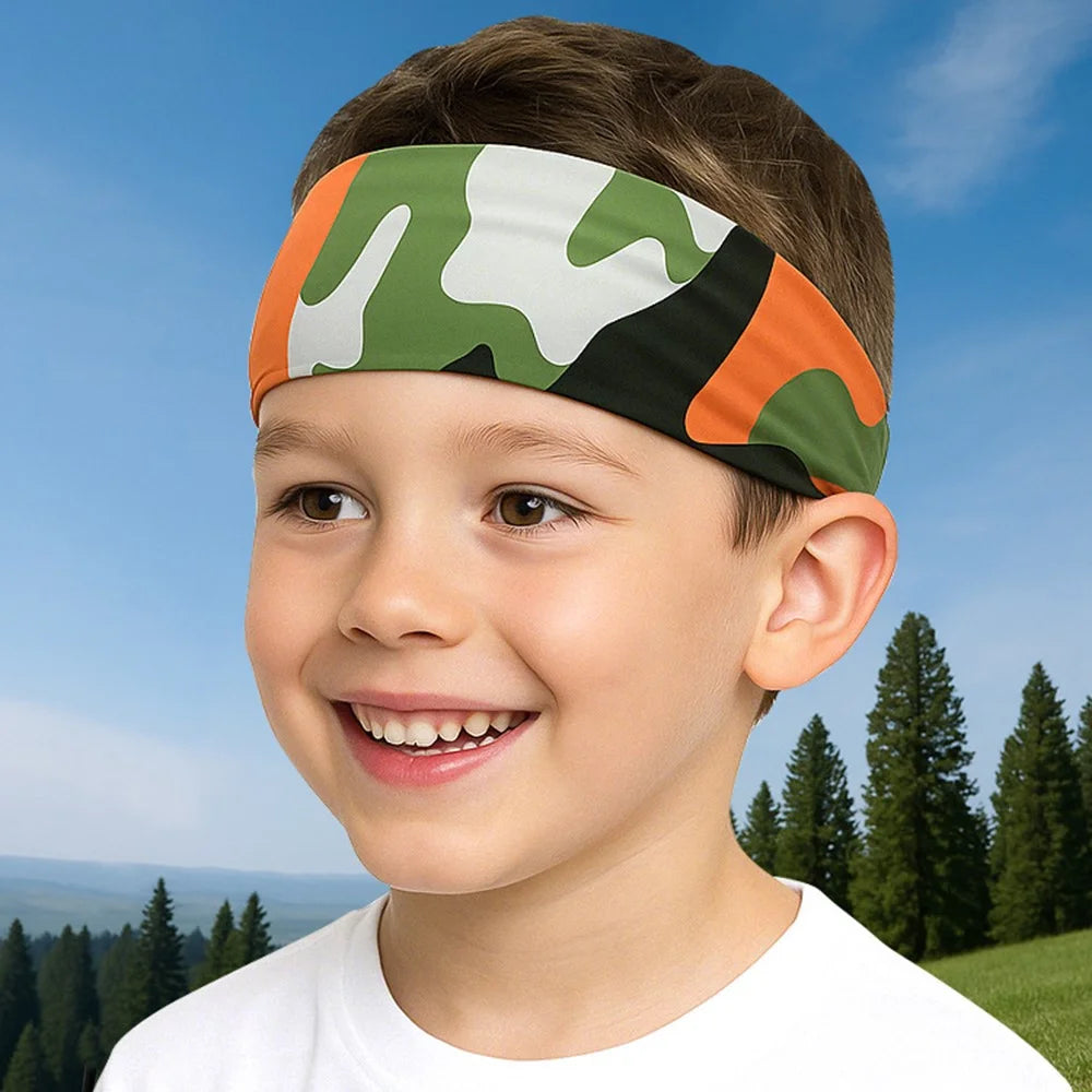 Summer Kids Sports Headband Milk Silk Sweat Wicking Elastic Hair Band for Running Outdoor Activities - Camouflage Blue - 6
