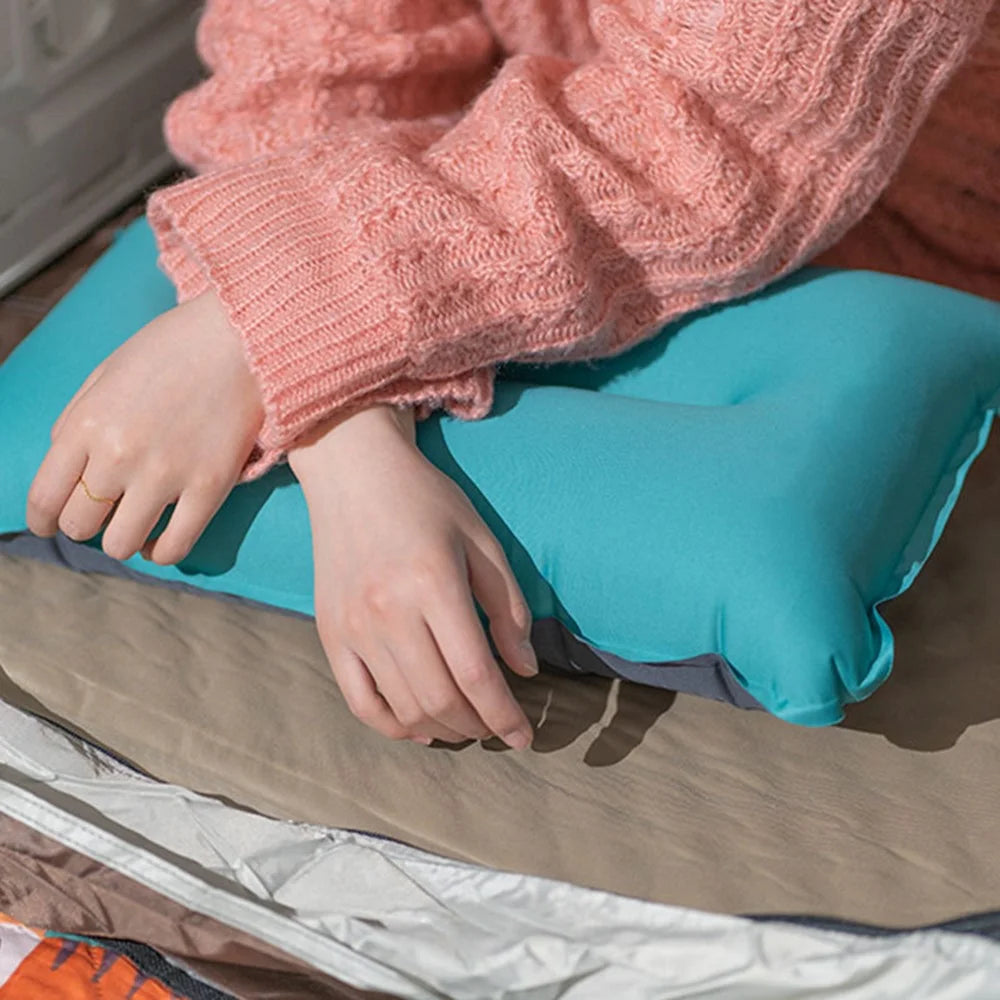 Inflatable Sponge Pillow Camping Travel Pillow Fabric+TPU Head Rest Cushion - Blue - 4
