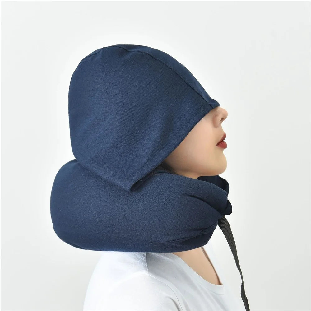 Travel Pillow Cotton U-Shape Head Rest Neck Pillow with Hood for Airplane Car Office  - Dark Blue - 1