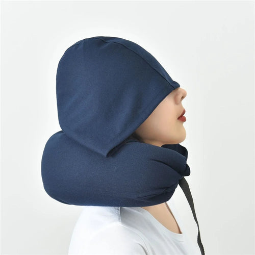 Travel Pillow Cotton U-Shape Head Rest Neck Pillow with Hood for Airplane Car Office  - Dark Blue - 1