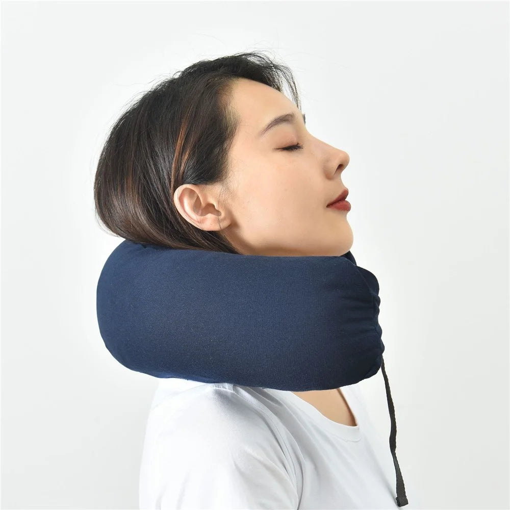 Travel Pillow Cotton U-Shape Head Rest Neck Pillow with Hood for Airplane Car Office  - Dark Blue - 2