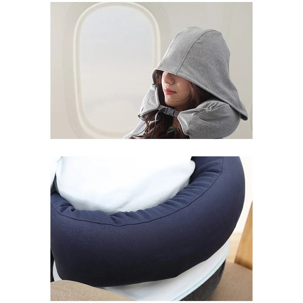 Travel Pillow Cotton U-Shape Head Rest Neck Pillow with Hood for Airplane Car Office  - Dark Blue - 4