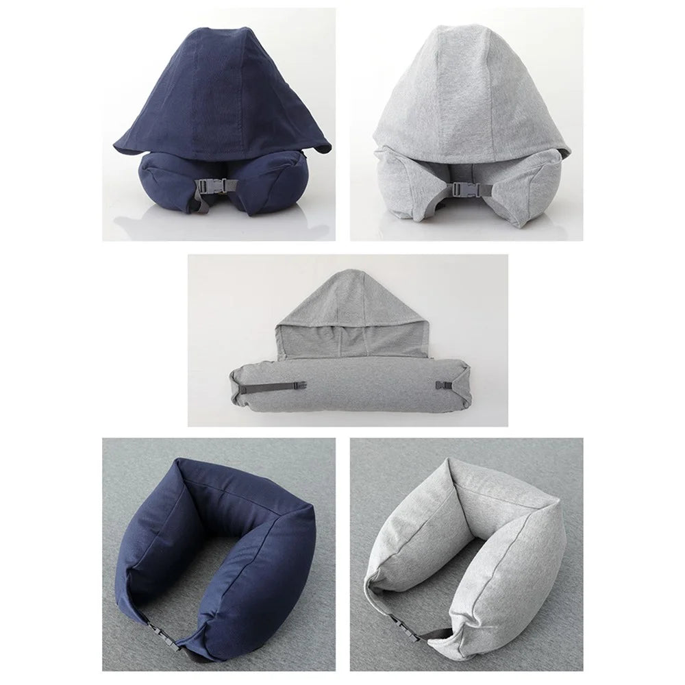 Travel Pillow Cotton U-Shape Head Rest Neck Pillow with Hood for Airplane Car Office  - Dark Blue - 5