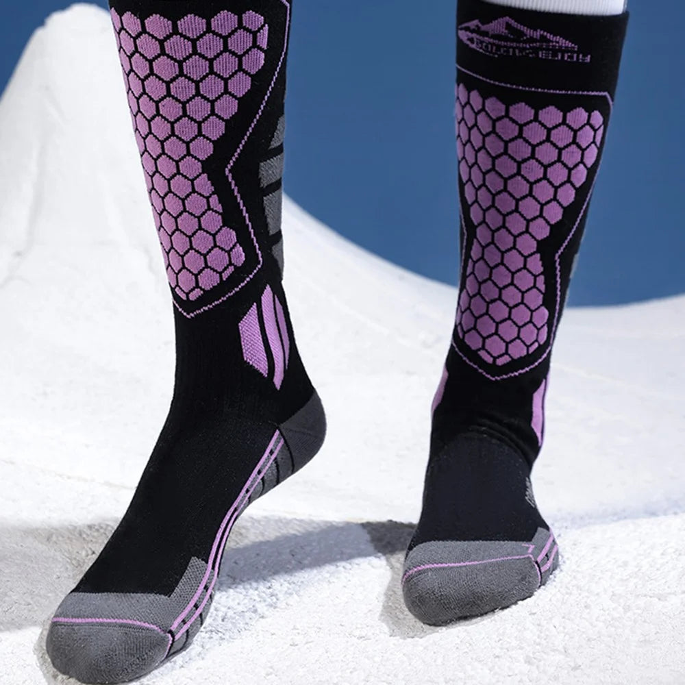 GOLOVEJOY DWZ04 1 Pair Sport Compression Socks Winter Warm High Tube Ski Calf Socks - Black+Purple / Size 35-39 - 2