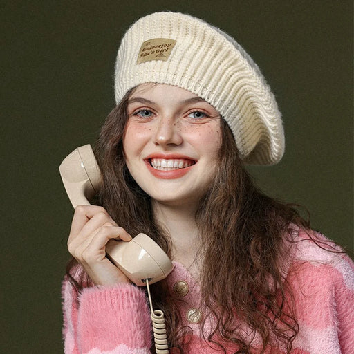 GOLOVEJOY DMZ108 Letters Cloth Decor Women Winter Warm Hat Elastic Cotton Knitted Beret Cap - Beige - 2