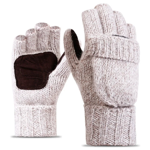 DZ07 Unisex Winter Cycling Warm Wool Gloves Half Finger Knitted Gloves with Flip Cover - Beige - 1