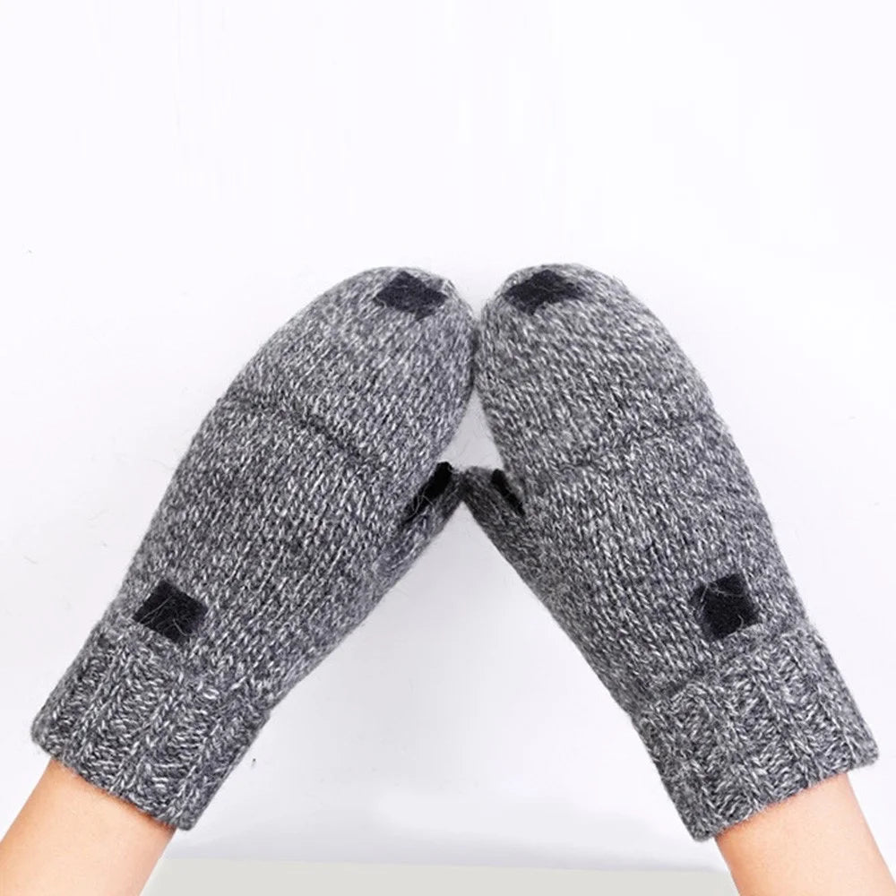 DZ07 Unisex Winter Cycling Warm Wool Gloves Half Finger Knitted Gloves with Flip Cover - Beige - 2