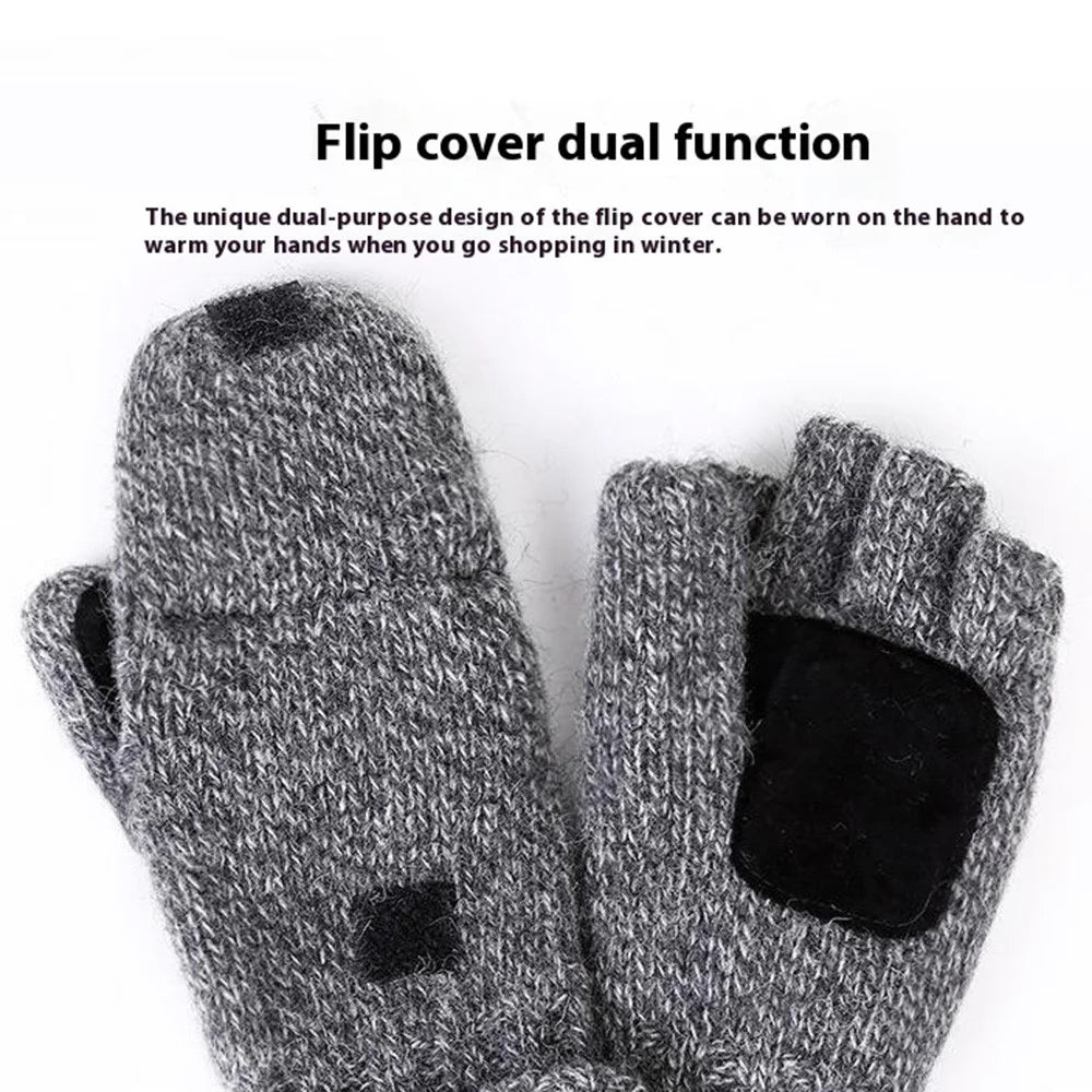 DZ07 Unisex Winter Cycling Warm Wool Gloves Half Finger Knitted Gloves with Flip Cover - Beige - 3