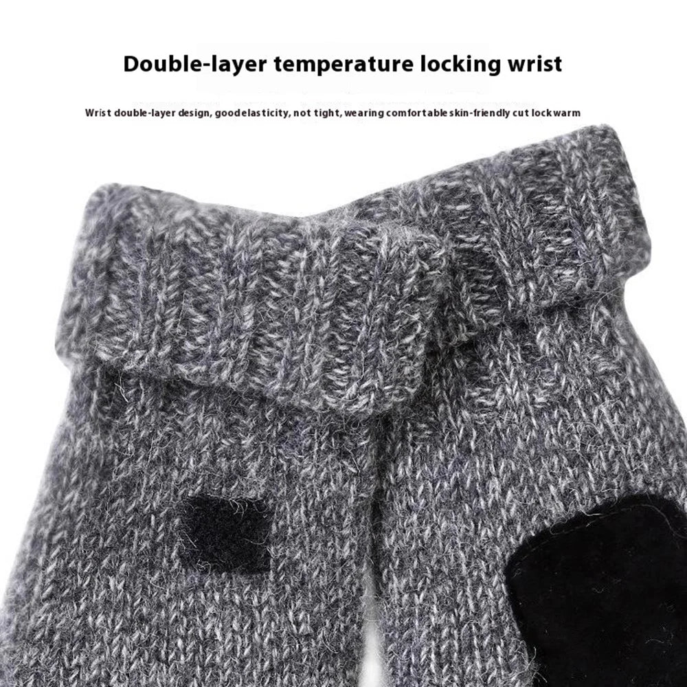 DZ07 Unisex Winter Cycling Warm Wool Gloves Half Finger Knitted Gloves with Flip Cover - Beige - 4