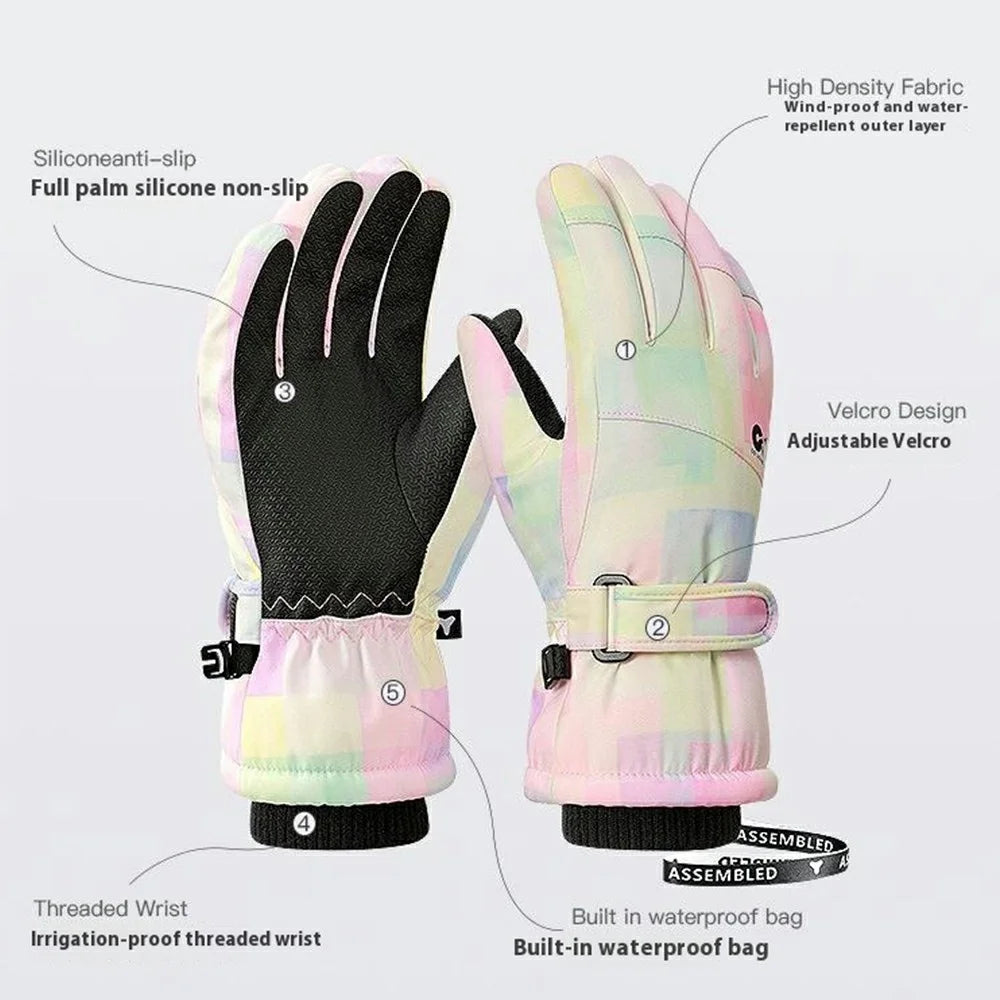 GOLOVEJOY DRST39 1 Pair Winter Ski Gloves for 8-12 Years Kids Waterproof Windproof Snow Mittens Size M - White - 2