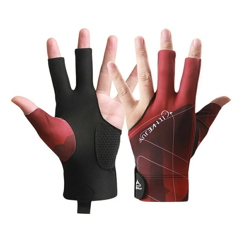 GILIBVEJUYL Billiards Snooker 3 Finger Glove Lycra Breathable Anti Slip Pool Hall Glove - Red Geometric Pattern / Half-Finger - 1