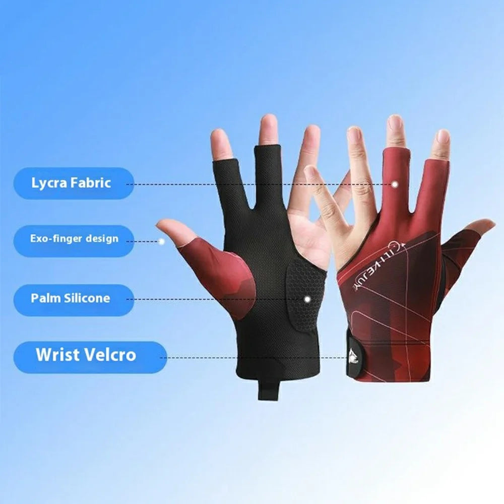 GILIBVEJUYL Billiards Snooker 3 Finger Glove Lycra Breathable Anti Slip Pool Hall Glove - Red Geometric Pattern / Half-Finger - 2