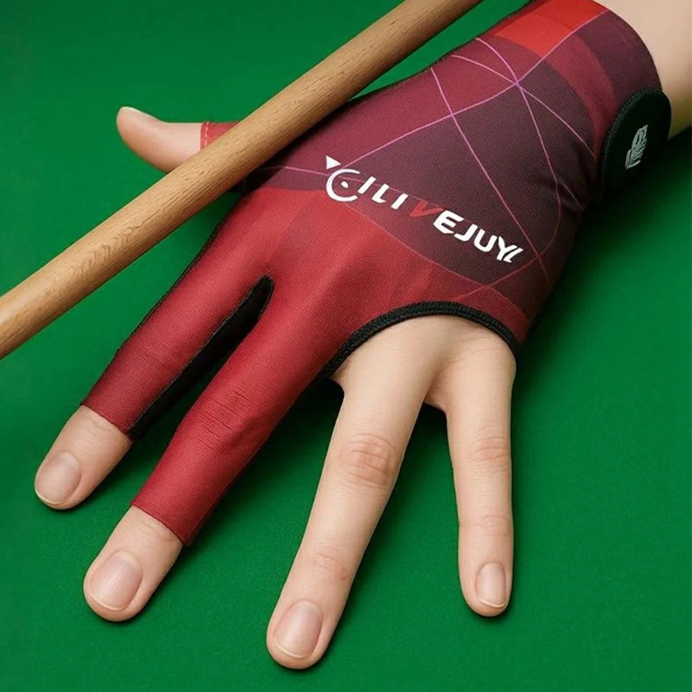 GILIBVEJUYL Billiards Snooker 3 Finger Glove Lycra Breathable Anti Slip Pool Hall Glove - Red Geometric Pattern / Half-Finger - 3