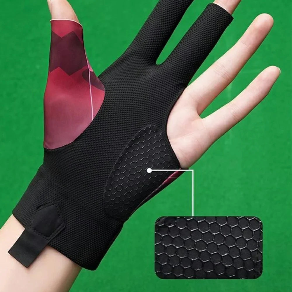 GILIBVEJUYL Billiards Snooker 3 Finger Glove Lycra Breathable Anti Slip Pool Hall Glove - Red Geometric Pattern / Half-Finger - 4