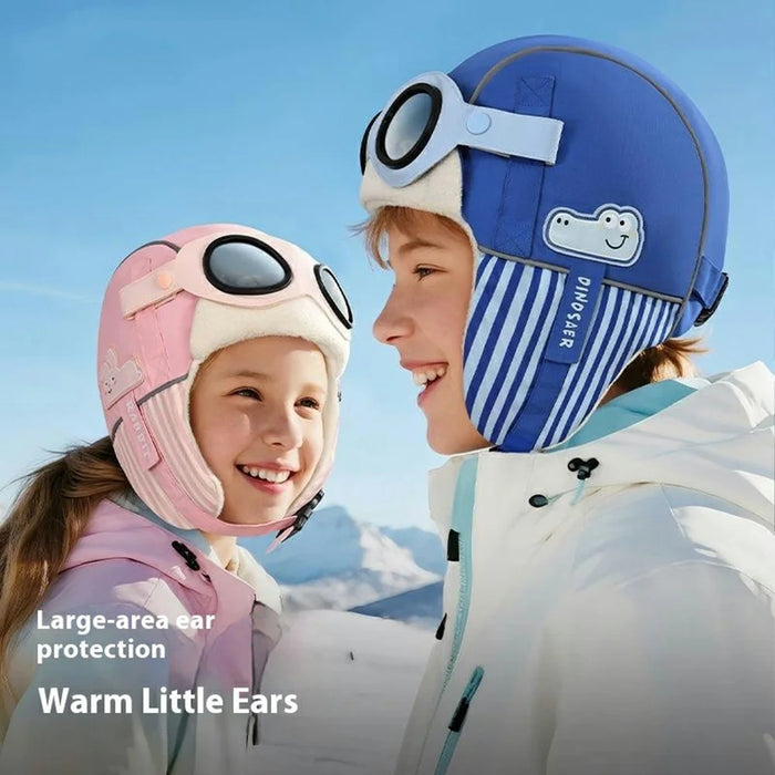 DRMZ32 For Children Ear Protection Aviator Hat with Detachable Goggles Fleece Lined Winter Lei Feng Cap - Orange - 2