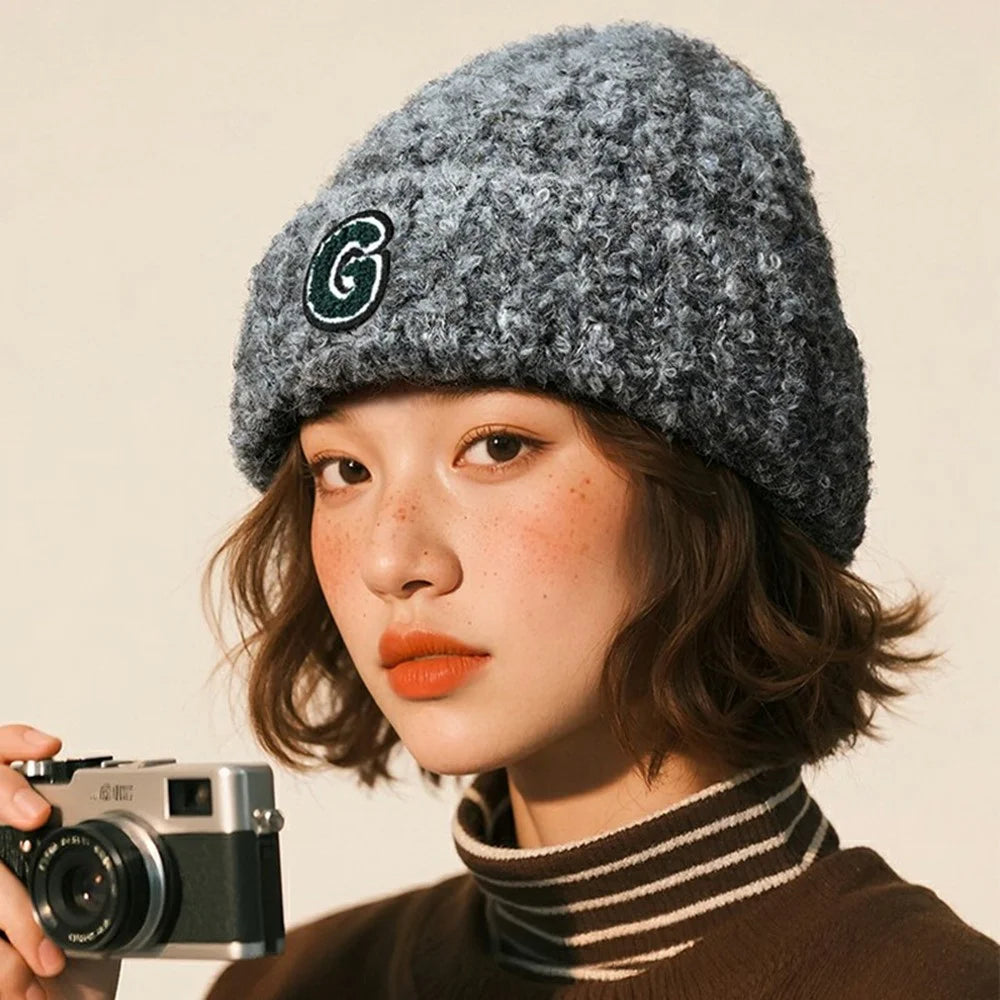 DMZ133 Winter Wool Blend Knitted Beanie Hat Women Outdoor Thicken Warm Head Cap - Grey - 2