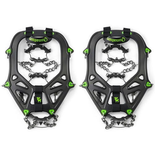 QUNATURE 22 Stainless Steel Teeth Ice Cleats for Shoes Cold Resistant Snow Traction Grips with Anti-Slip Hinge - S Size  /  Black Green - 1