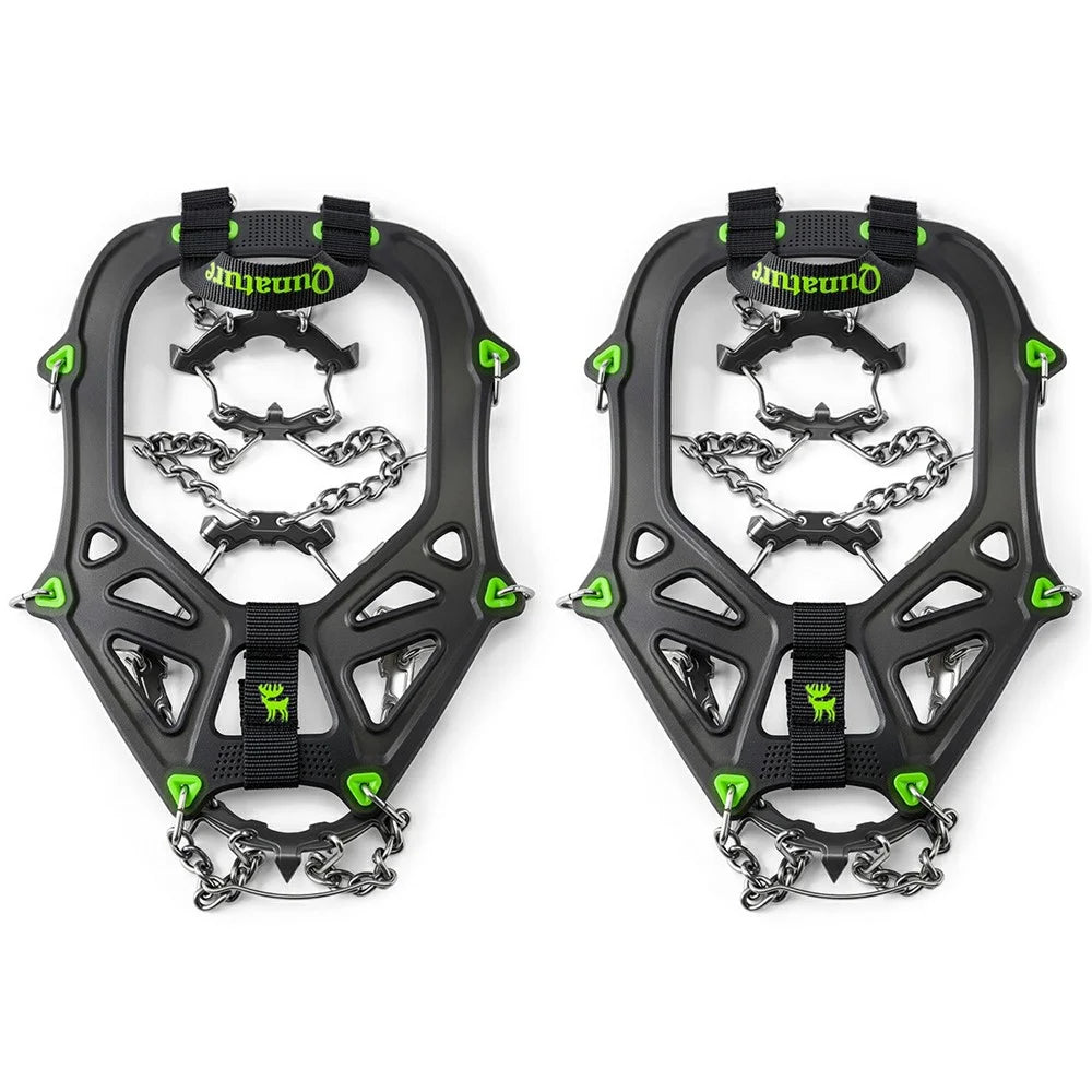 QUNATURE 22 Stainless Steel Teeth Ice Cleats for Shoes Cold Resistant Snow Traction Grips with Anti-Slip Hinge - S Size  /  Black Green - 1