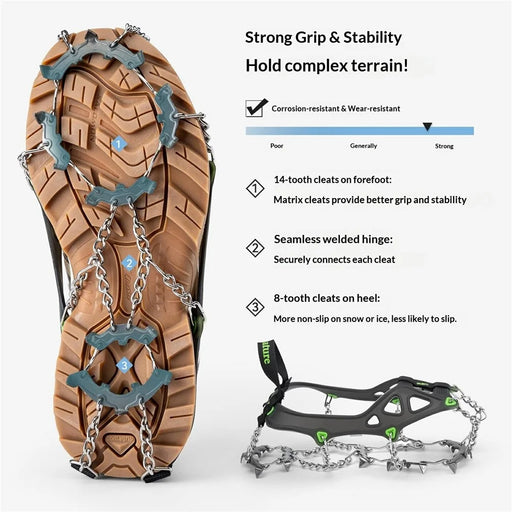 QUNATURE 22 Stainless Steel Teeth Ice Cleats for Shoes Cold Resistant Snow Traction Grips with Anti-Slip Hinge - S Size  /  Black Green - 2