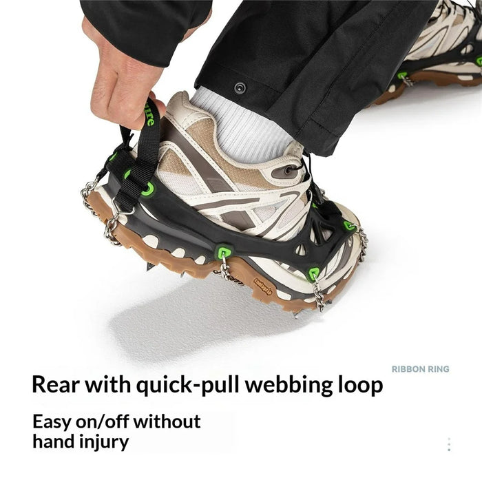 QUNATURE 22 Stainless Steel Teeth Ice Cleats for Shoes Cold Resistant Snow Traction Grips with Anti-Slip Hinge - S Size  /  Black Green - 3