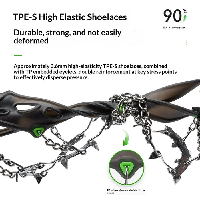 QUNATURE 22 Stainless Steel Teeth Ice Cleats for Shoes Cold Resistant Snow Traction Grips with Anti-Slip Hinge - S Size  /  Black Green - 4