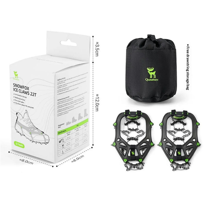QUNATURE 22 Stainless Steel Teeth Ice Cleats for Shoes Cold Resistant Snow Traction Grips with Anti-Slip Hinge - S Size  /  Black Green - 6
