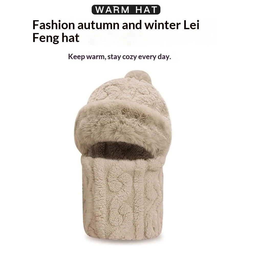 Outdoor Cycling Hat with Ear Protection Windproof Neck Gaiter Mask Integrated Fleece Thickened Warm Hat for Biking - Jacquard Khaki - 2