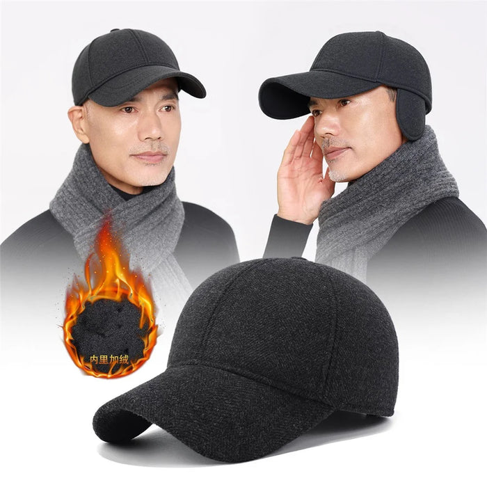 Winter Thermal Wool Baseball Cap for Middle-Aged and Elderly Peaked Hat with Foldable Earflaps - 4