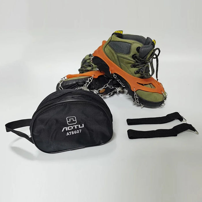 AOTU AT8607 1 Pair 19 Teeth Anti-slip Crampons TPE+Stainless Steel Ice Snow Ground Shoe Grippers - Orange / M - 7