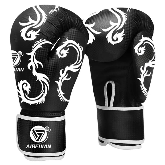 AIBEIJIAN 12oz Adult PU Mitts for Muay Thai MMA Wave Pattern Boxing Gloves - Black - 1