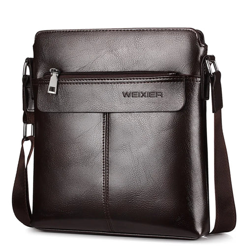 WEIXIER 18071 Business Men's Messenger Bag PU Leather Zipper Tablet Shoulder Bag - Dark Brown - 1