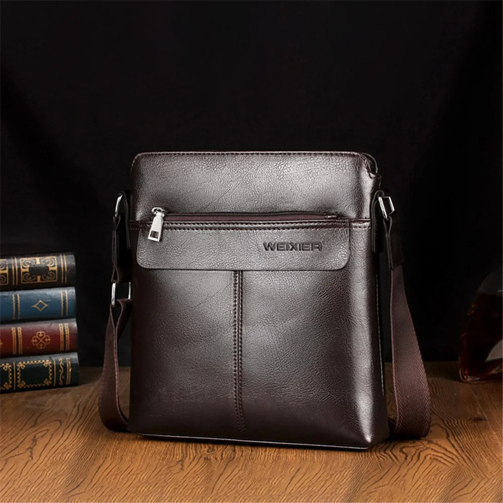 WEIXIER 18071 Business Men's Messenger Bag PU Leather Zipper Tablet Shoulder Bag - Dark Brown - 2