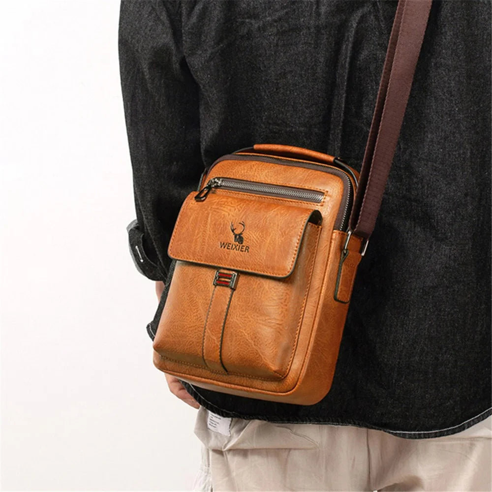 WEIXIER 8683 Large Capacity Vintage Men Shoulder Bag PU Leather Crossbody Bag Messenger Handbag - Dark Brown - 3