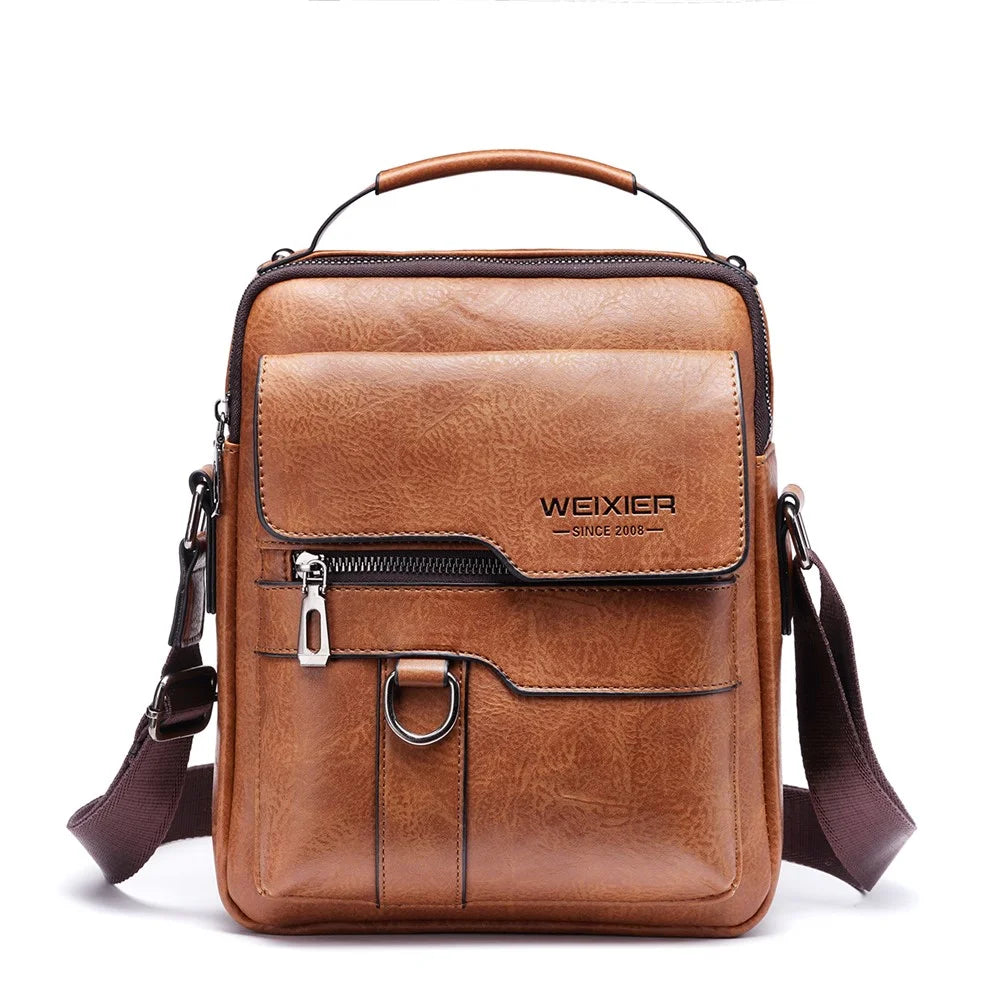 WEIXIER 8642 Vintage Men PU Leather Messenger Bag Multi-pockets Crossbody Shoulder Bag - Light Brown - 1