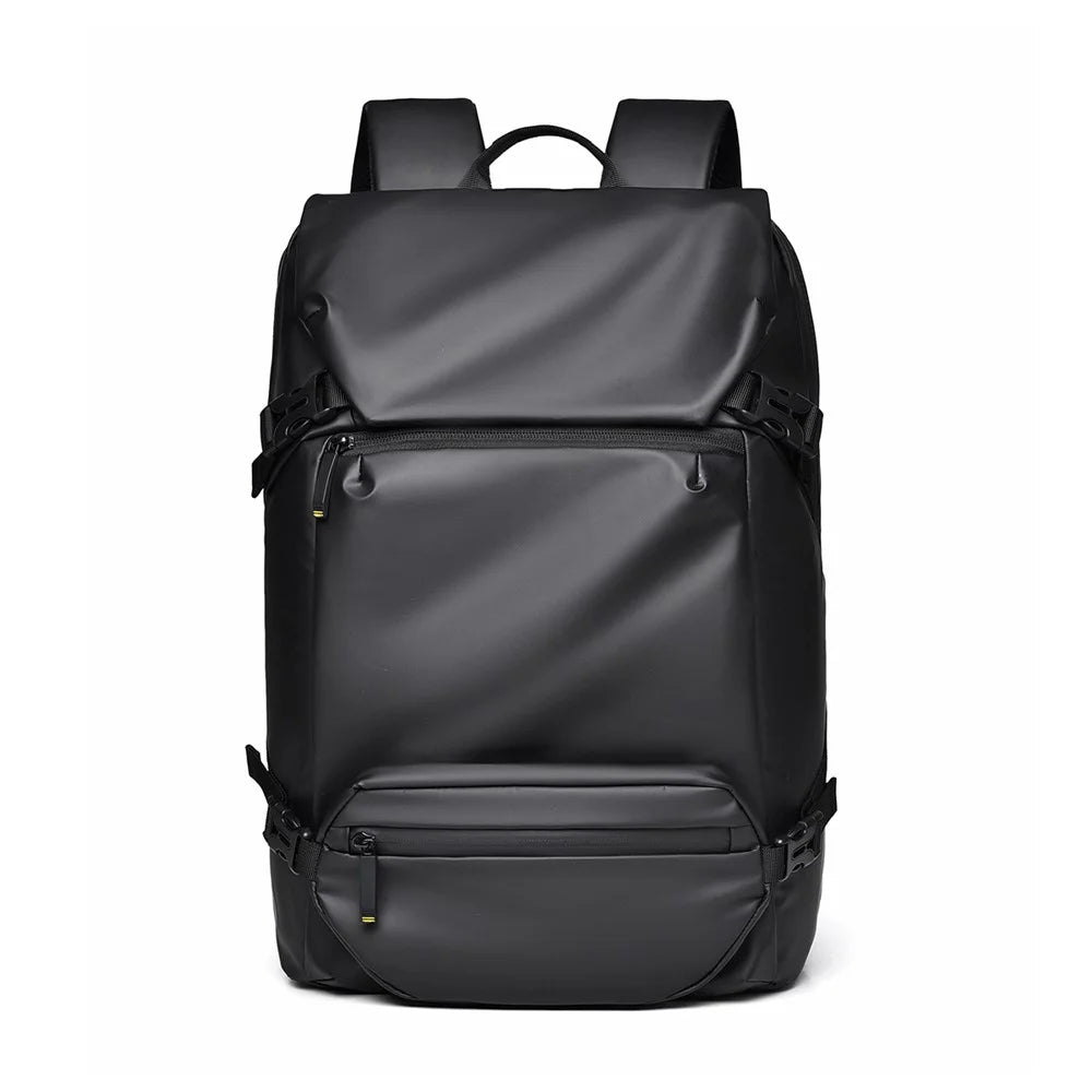 1-2858 31x12x42cm Men's Laptop Backpack Waterproof Leather Film Nylon Cloth Travel Shoulders Bag  - Black - 1