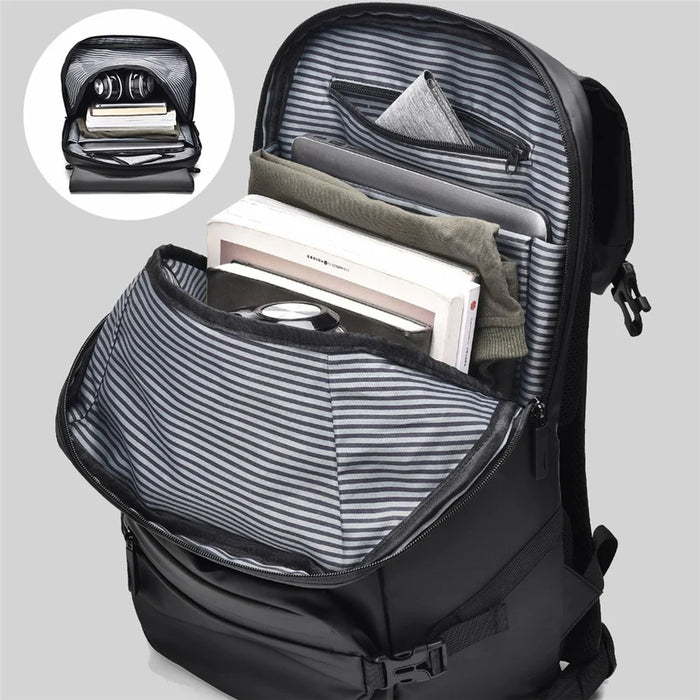 1-2858 31x12x42cm Men's Laptop Backpack Waterproof Leather Film Nylon Cloth Travel Shoulders Bag  - Black - 2