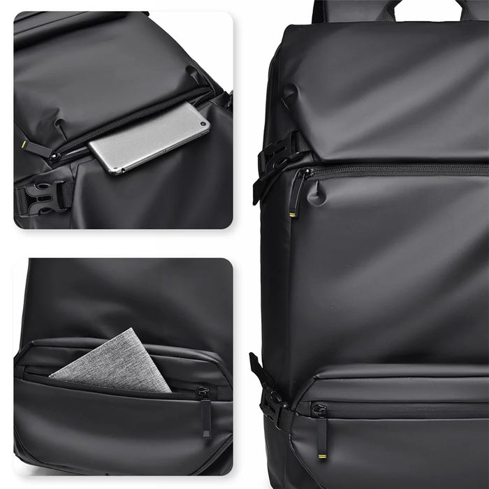 1-2858 31x12x42cm Men's Laptop Backpack Waterproof Leather Film Nylon Cloth Travel Shoulders Bag  - Black - 4