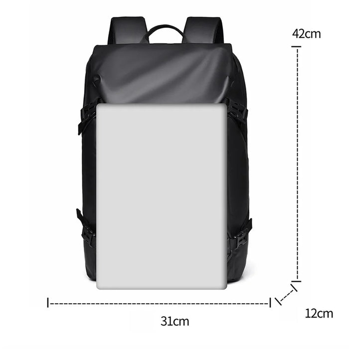 1-2858 31x12x42cm Men's Laptop Backpack Waterproof Leather Film Nylon Cloth Travel Shoulders Bag  - Black - 7