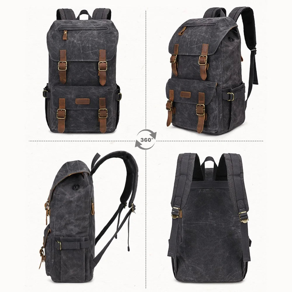 K58 Flap Design Waxed Canvas Backpack for Men Women Laptop Carrying Shoulder Bag - Dark Grey - 2