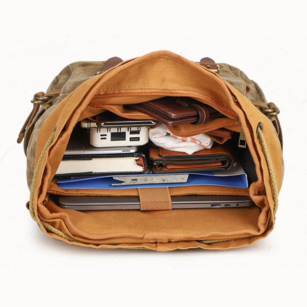 K58 Flap Design Waxed Canvas Backpack for Men Women Laptop Carrying Shoulder Bag - Dark Grey - 3