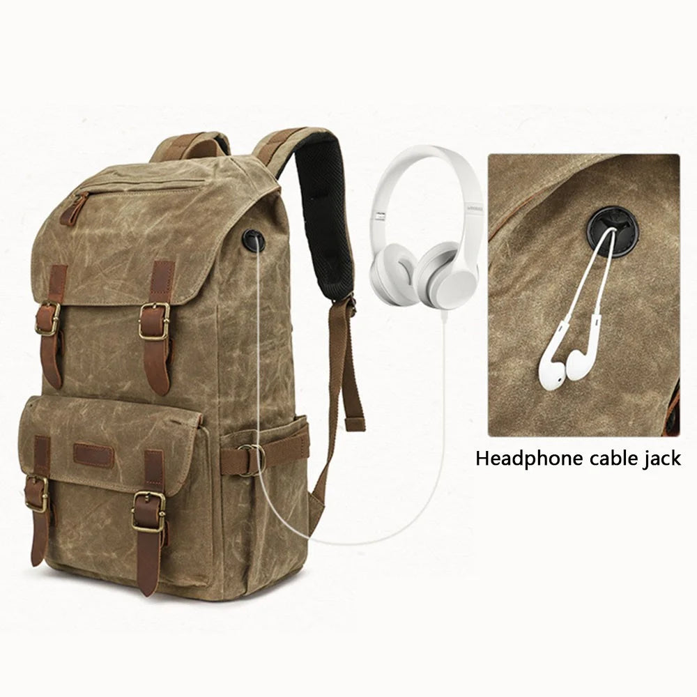 K58 Flap Design Waxed Canvas Backpack for Men Women Laptop Carrying Shoulder Bag - Dark Grey - 4