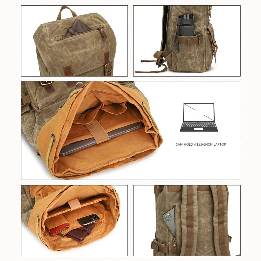 K58 Flap Design Waxed Canvas Backpack for Men Women Laptop Carrying Shoulder Bag - Dark Grey - 5