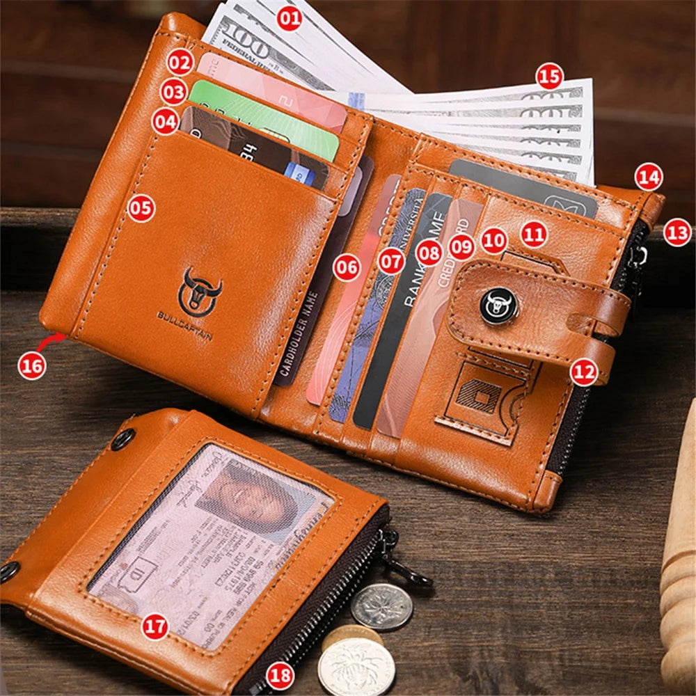 BULLCAPTAIN 230 Men's RFID Blocking Wallet Cash Money Storage Pouch Full Grain Cow Leather Card Bag - Brown - 3