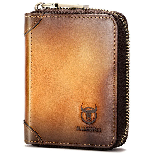BULLCAPTAIN 475 Full Grain Cow Leather Card Bag Wallet RFID Blocking Cash Money Storage Pouch for Men, Women - Yellow - 1