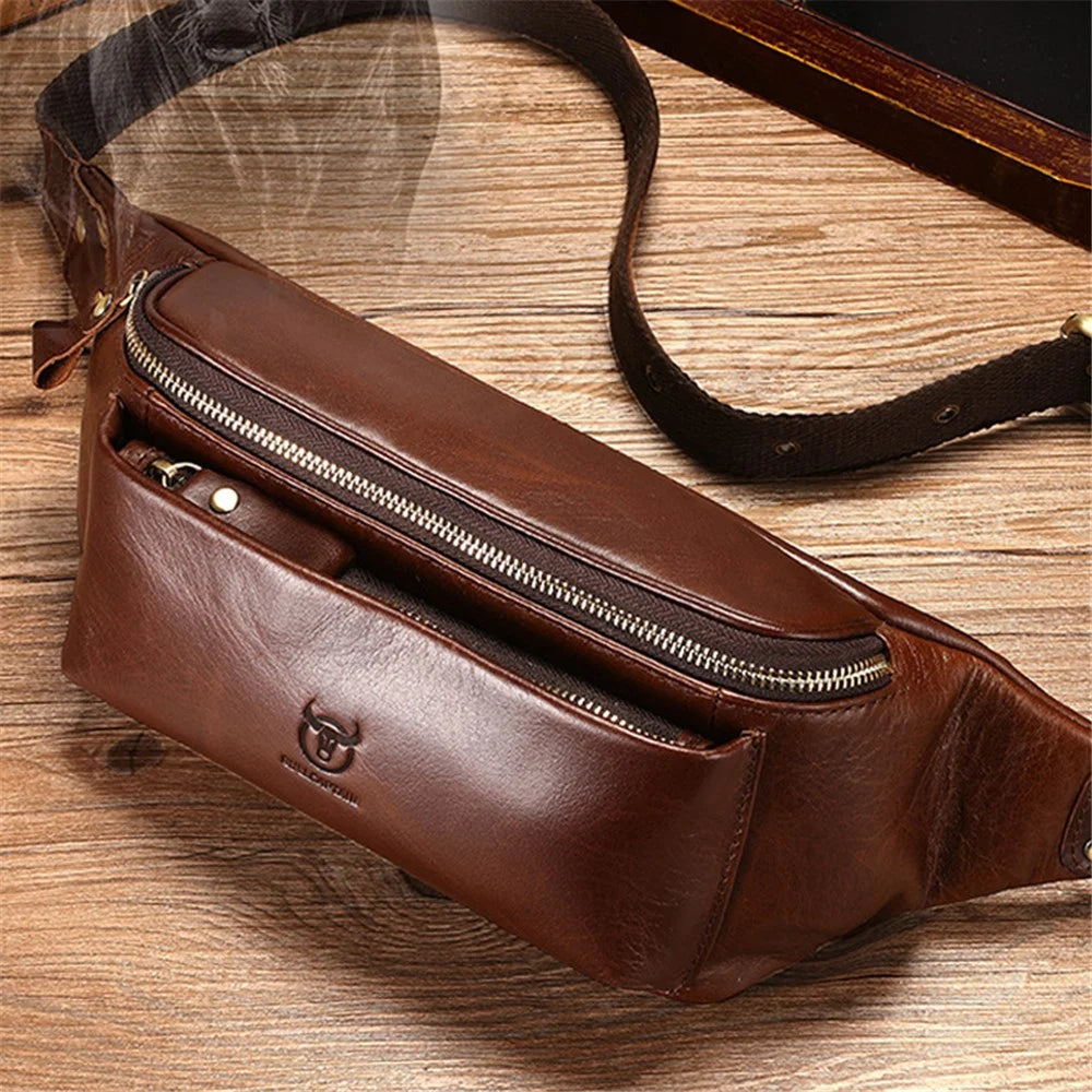 BULLCAPTAIN 081 Chest Bag Full Grain Cow Leather Crossbody Bag Large Daypack Waist Pack - Coffee - 1