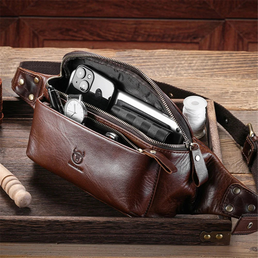 BULLCAPTAIN 081 Chest Bag Full Grain Cow Leather Crossbody Bag Large Daypack Waist Pack - Coffee - 2