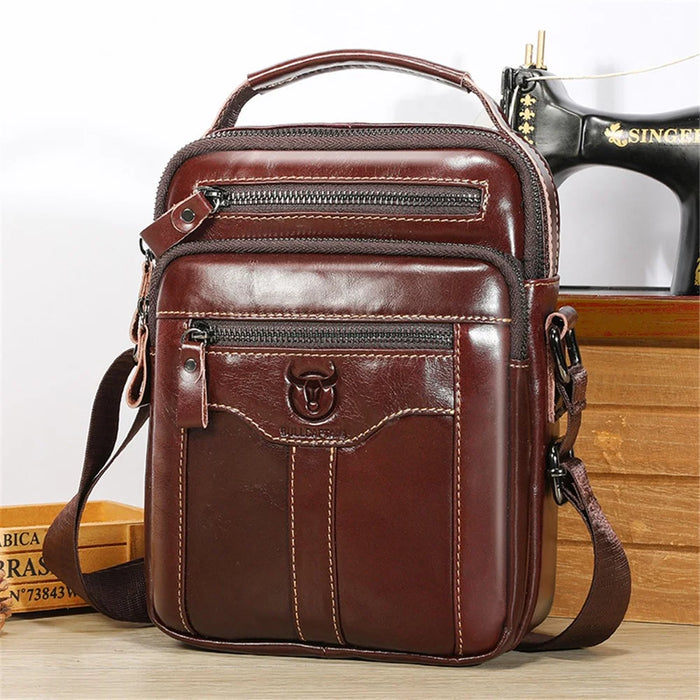 BULLCAPTAIN 400 Men's Crossbody Bag Cowhide Leather Messenger Bag Large Daypack - Coffee - 1