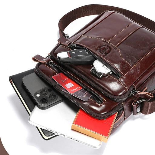 BULLCAPTAIN 400 Men's Crossbody Bag Cowhide Leather Messenger Bag Large Daypack - Coffee - 2