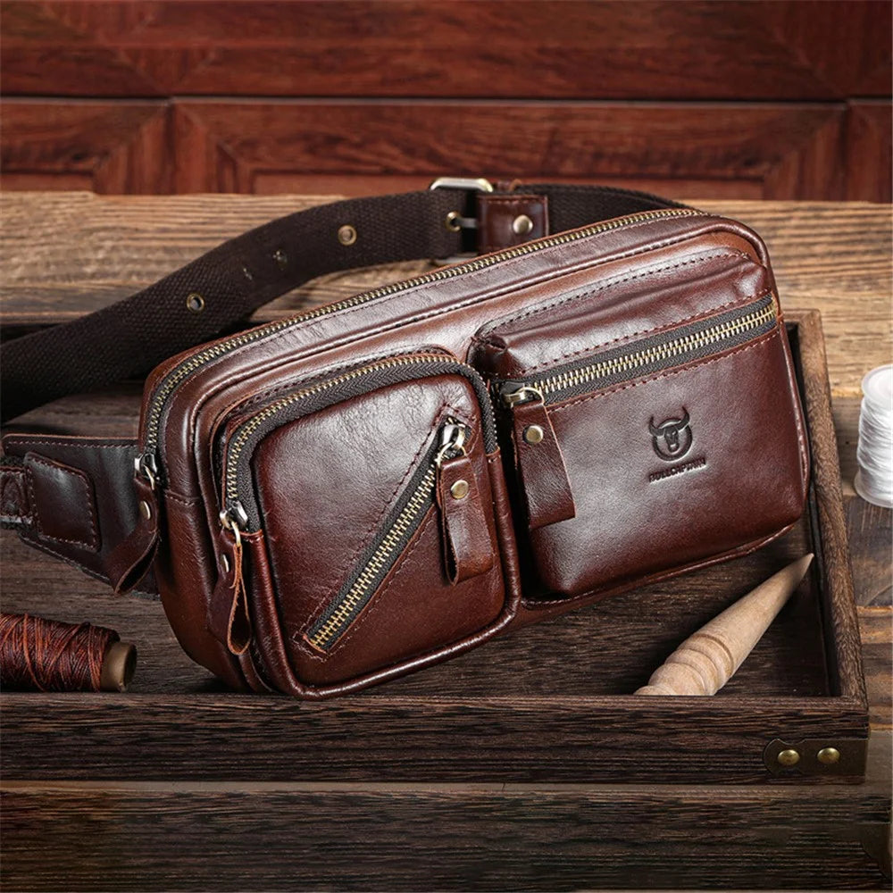 BULLCAPTAIN 082 Travel Outdoor Men Chest Bag Top Layer Cowhide Leather Waist Pack - Coffee - 1